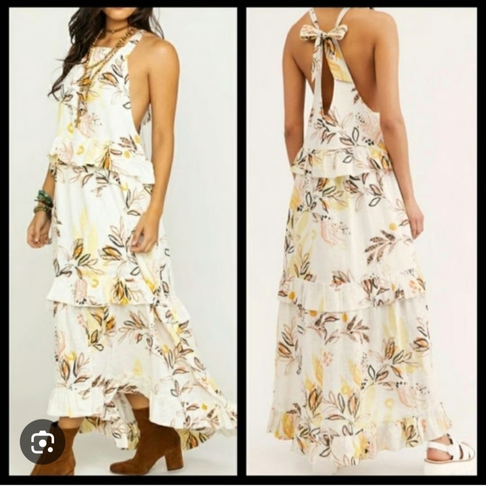 Free People Boho Chic Cottagecore Floral Maxi Dress in Cream and Yellow Sz XS TP